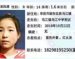 寻找安徽14岁女孩梁凤晴2018-10-22失联，蓝色外套红色头发。